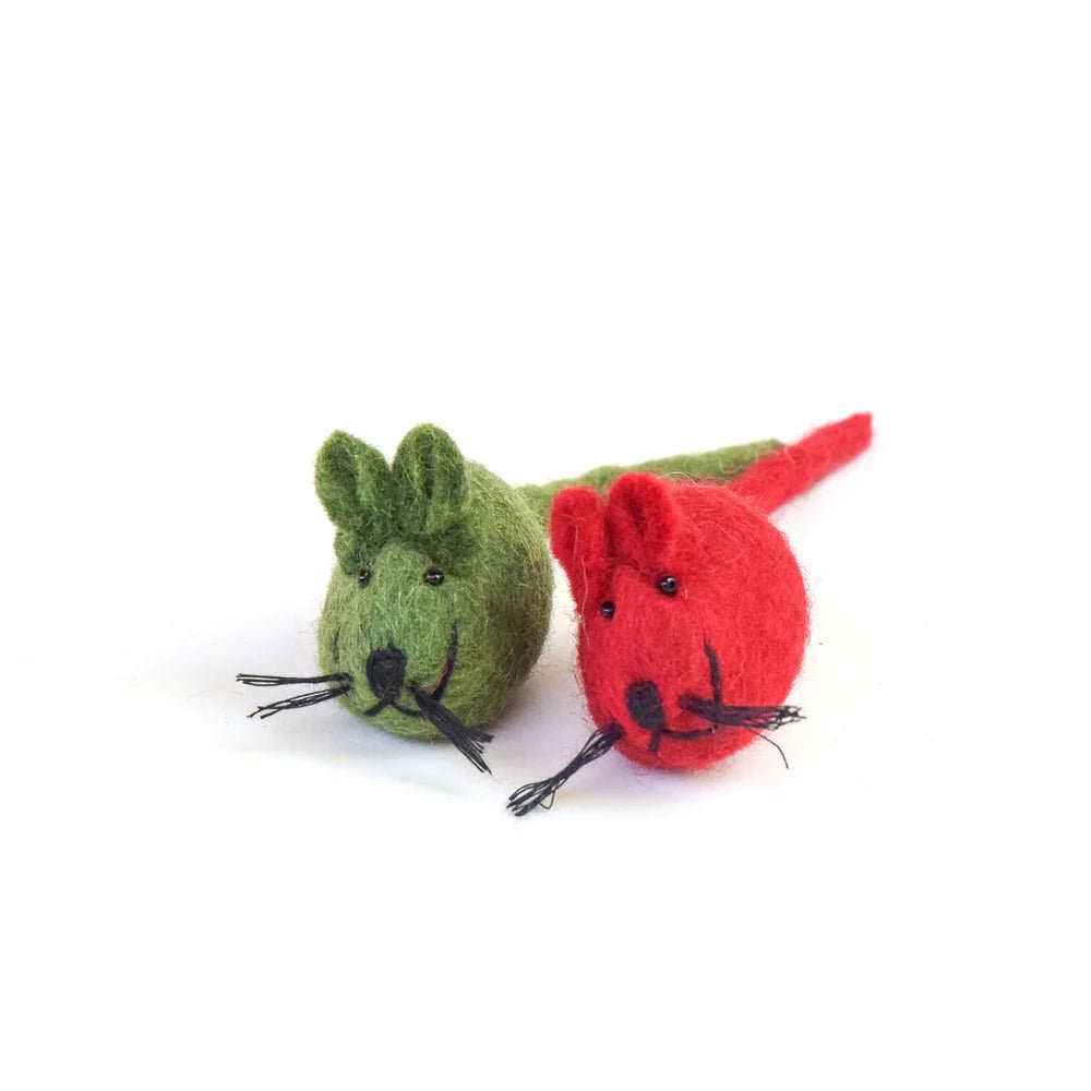 Handmade Felt Mouse Toys (2) - Green & Red - Pryde Pets